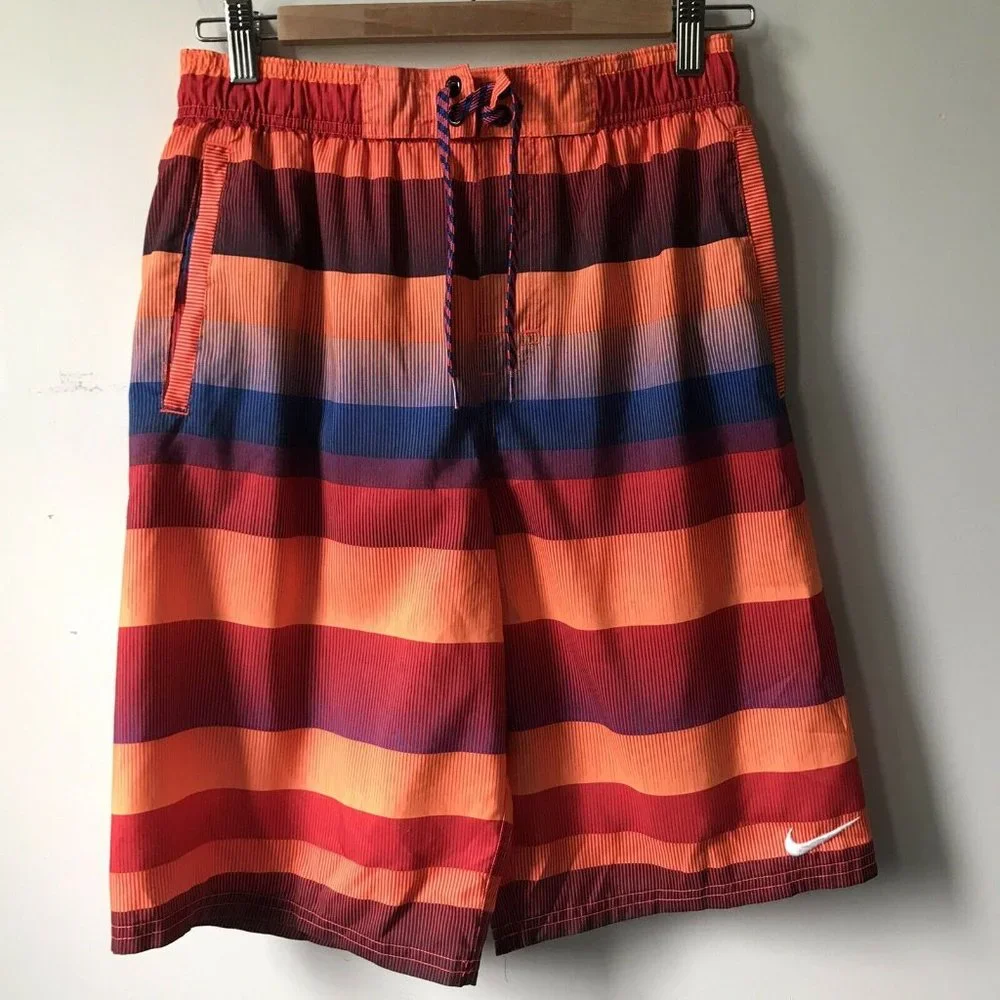 Nike swim trunks shorts stripes orange blue stretch waist beach Men Size S